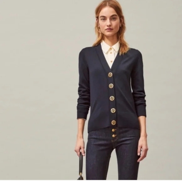Tory Burch Navy Sweater With Gold-Tone Buttons Sz M - Picture 1 of 6